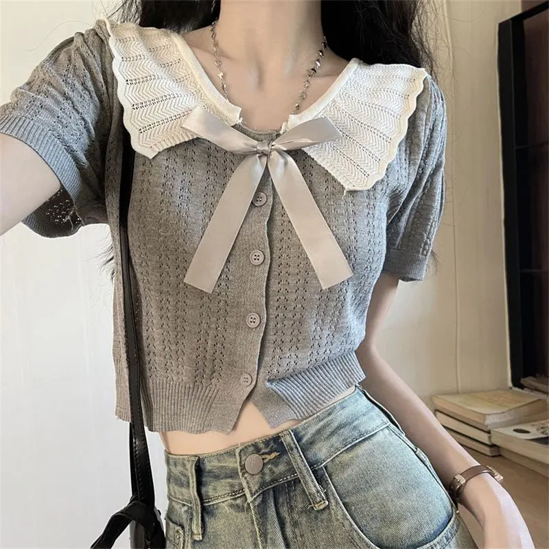 Women\'s Clothing Doll Collar Bow Knitted Shirt Hotsweet Slim Summer Short Sleeve Stylish Hollow Out Solid Color Patchwork Blouse