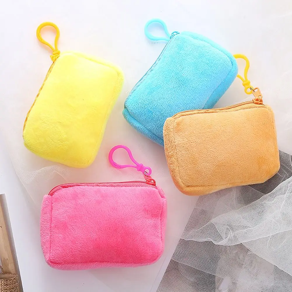 Solid Color Plush Coin Purse With Keychain Large Capacity Zipper Lipstick Bag Rectangle Zipper Small Earphone Bag Female/Male