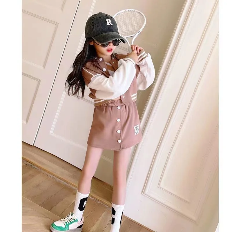 Girls Fashion Clothing Sets Spring Autumn Kids Baseball Sports Suit Children Jacket Pleated Skirt 2Pcs Student Uniform Outfits