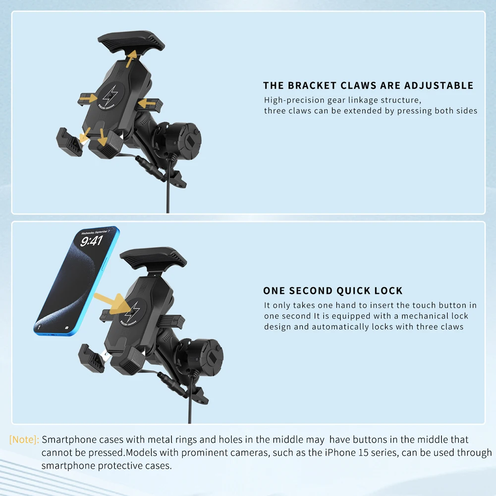 

15W Wireless Charging Motorcycle Mobile Support Fast Charger Motorcycle Shock-Absorbing Phone Holder 360° Rotatable Adjustable