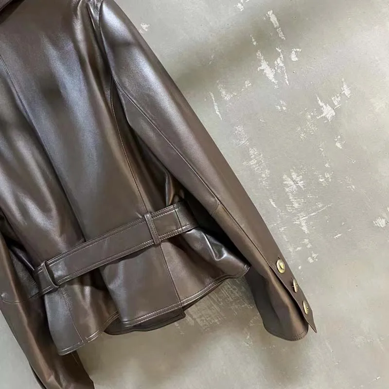 High-End Luxury Leather Jacket Women Coat Spring And Autumn 2024 Turn-Down Collar Clothes With Belt Double Breasted