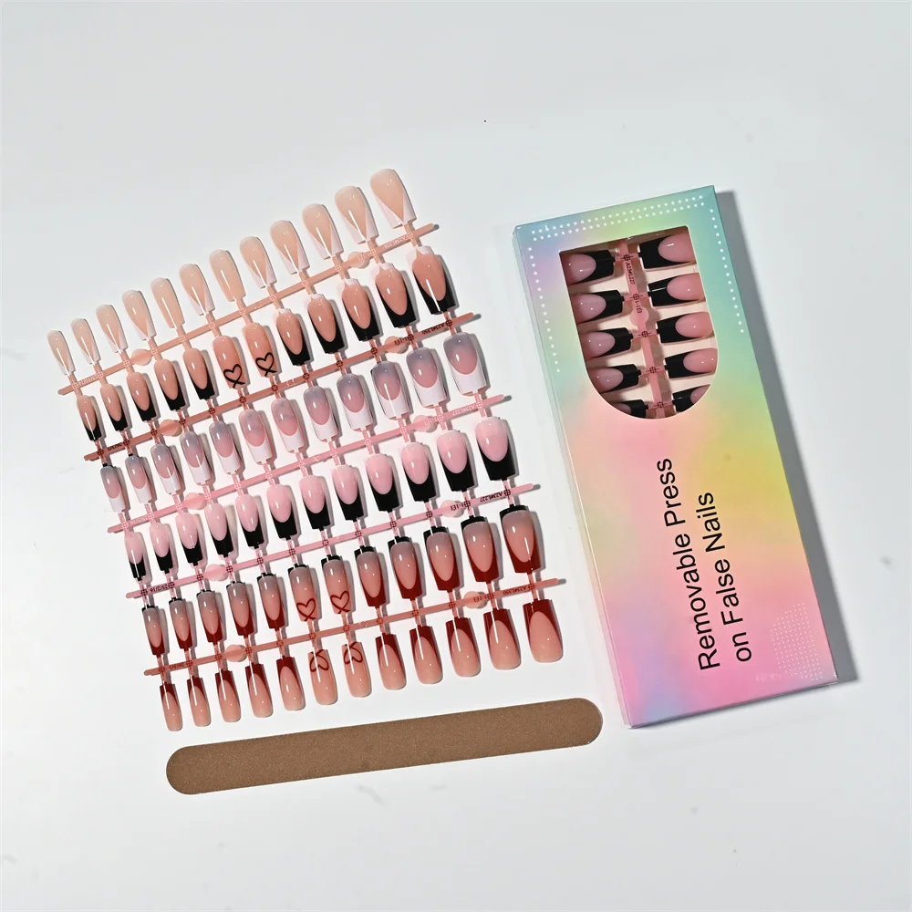 120Pcs Medium Square French Press On Nails Black Red Line Heart Fake Nails Tips Chic Minimalist Style Reusable False Fingertips - view 6
