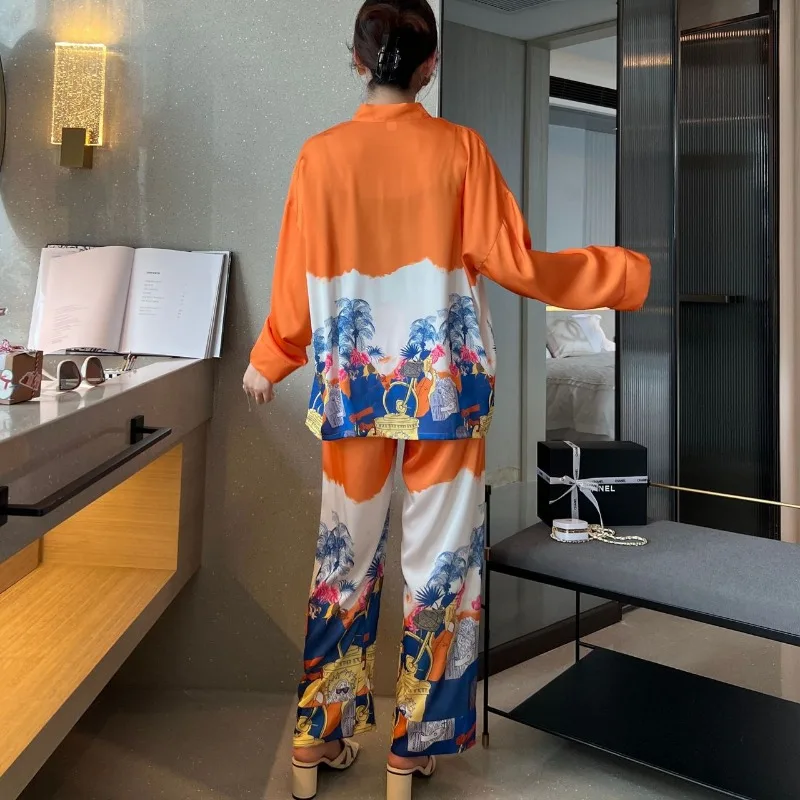 Ensemble de pyjamas de luxe à col en V pour femmes, vêtements de nuit à imprimé AMP orange, vêtements de détente de loisirs, vêtements d'intérieur injLike, nouveau, 2023