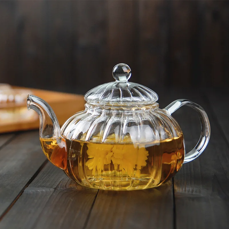 600ml Striped Pumpkin Shape Flower Teapot Fire Resistant Glass Jug for Tea Teapot With Infuser Pu Erh Gaiwan Japanese Tea Pot