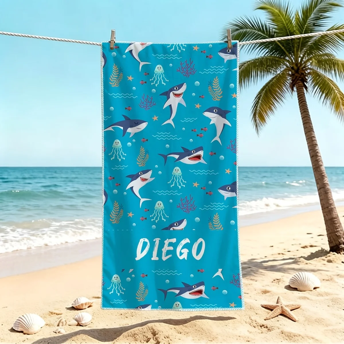 1pc Personalized Beach Towel, Shark Print with Custom Name, Portable Towel for Seaside Vacation, Suitable for Beach Swimming