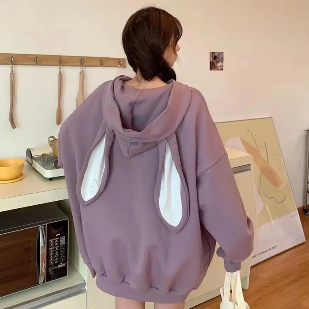 Loose Fit Hoodie Cozy Bunny Ear Hoodie for Women Warm Pullover with Elastic Cuffs Sport Top for Fall Winter Women Hoodie Coat