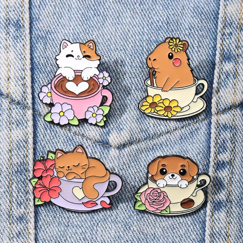 Cartoon barista animal series badges, cute cat otter and dog-shaped alloy pins, accessories for clothing bags, gifts for friends