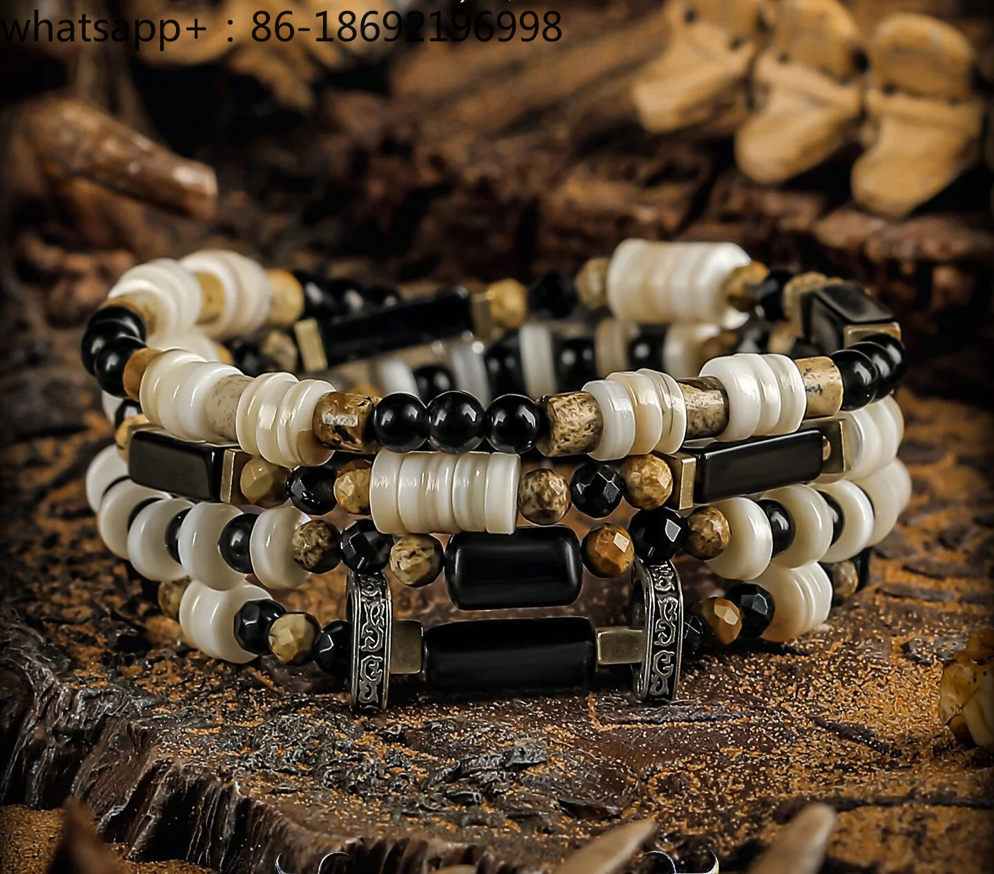 [Sand Sea] Obsidian Bracelet Men's Niche Picture Stone Coffee Horseshoe Snail Bracelet Bead Jewelry Stacked Wear
