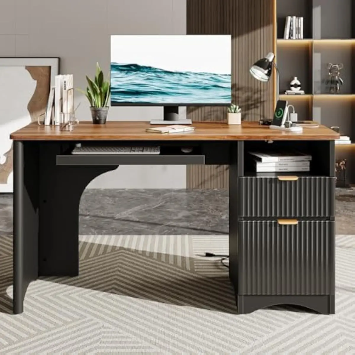 Modern Executive Desk 55 Inch with Fluted Drawer Panel and Open Cable Management Compartment Walnut Black Finish Engineered Wood
