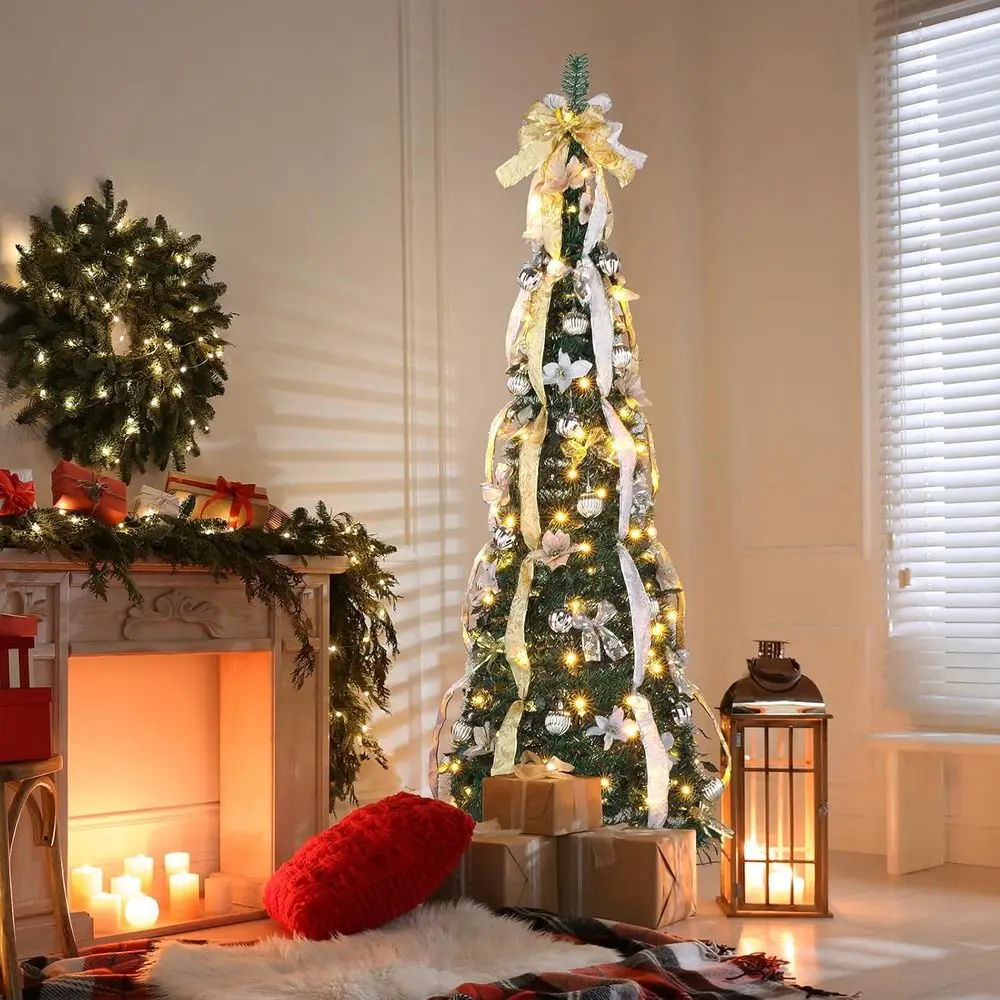 6t up Artiicial Chrisas Pine Tree with 150 Warm White Lights, Xmas Tree day Party Decorations with Sturdy Metal Stand (Gold&Silv view 2
