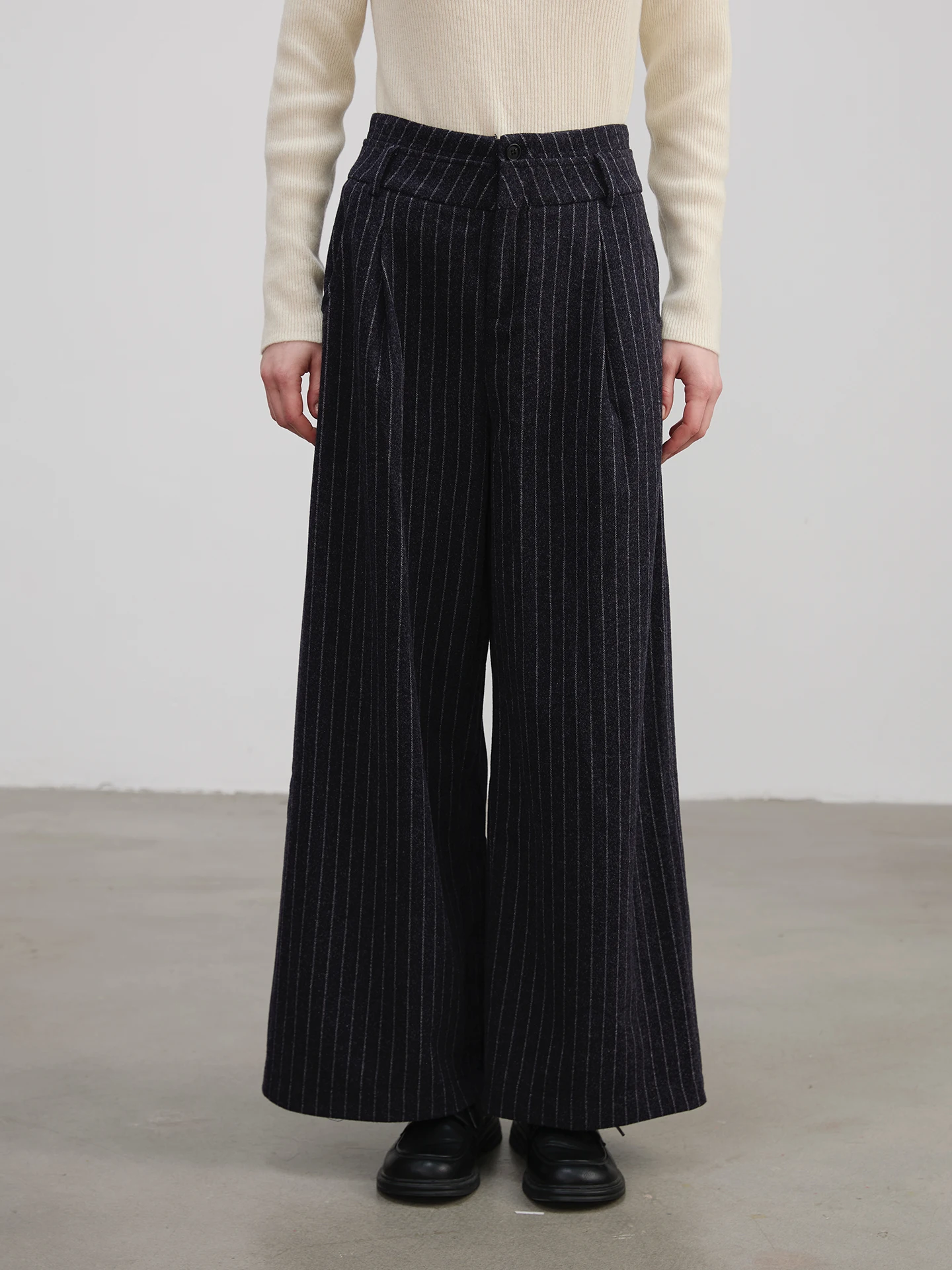 

Брюки с высокой талией и широкими штанинами, шерстяная текстура, вертикальные полосы, повседневные женские брюки в студенческом стиле, смесь полиэстера и хлопка