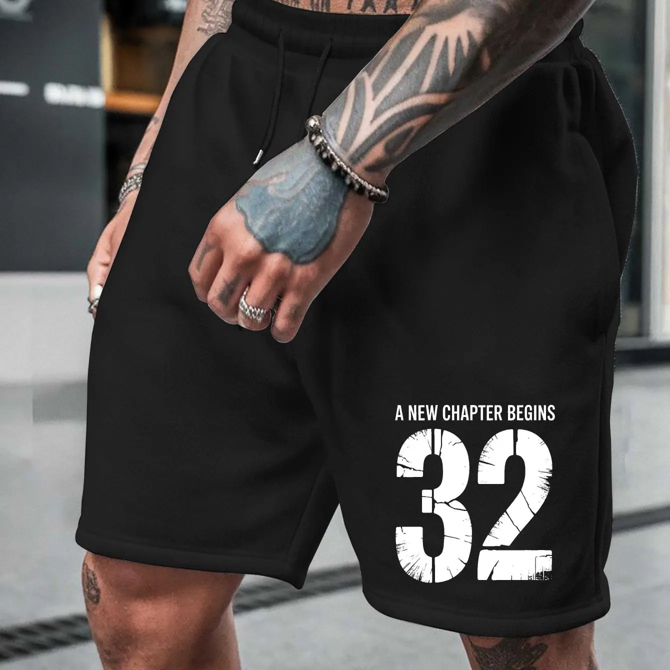 Men's Fitness and Basketball Training Shorts, Size 32 Design and New Chapter Letter Sports Fit, Drawstring Waist and Pocket
