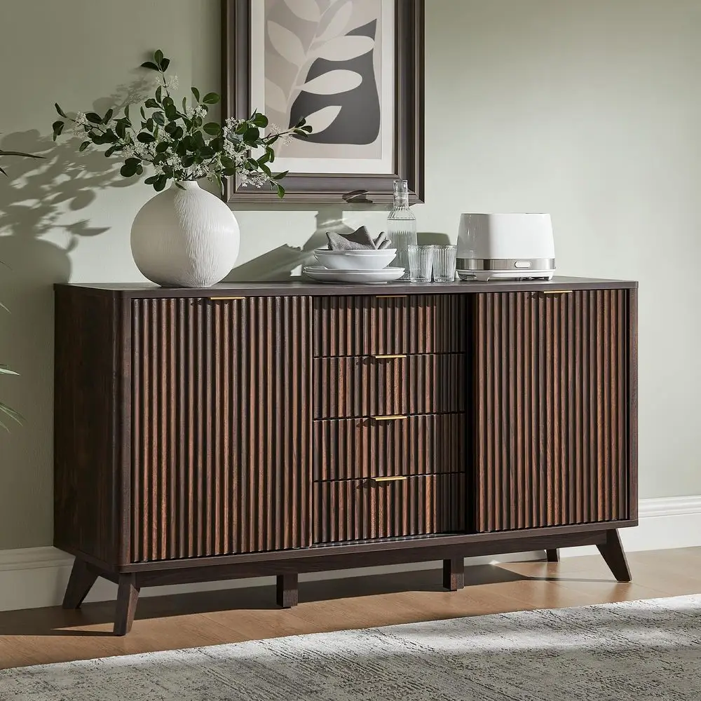 

Fluted Buffet Cabinet, 60 Modern Sideboard with Sliding Doors amp 4 Drawers, Coffee Bar Table with Storage, Curved Profile Desi