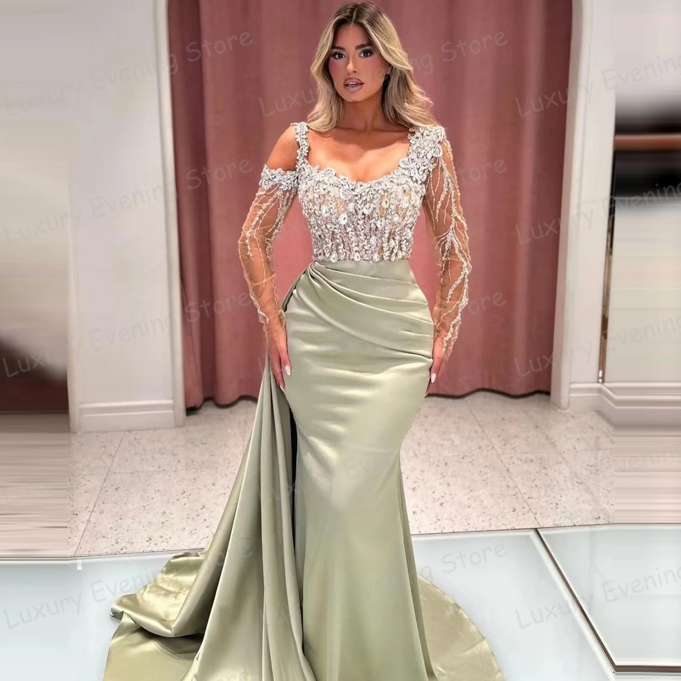 

Modern Evening Dresses Women's Mermaid Sexy Sequined Prom Gowns Illusion Long Sleeve Party Elegant Formal Vestido Robe De Soirée