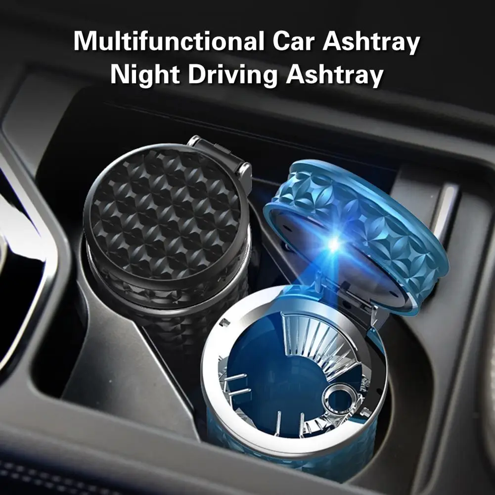 Stainless Steel Car Ashtray with Odorless Lid Blue LED Light Mini Trash Bin Cup Holder Portable Self-Extinguishing for Travel