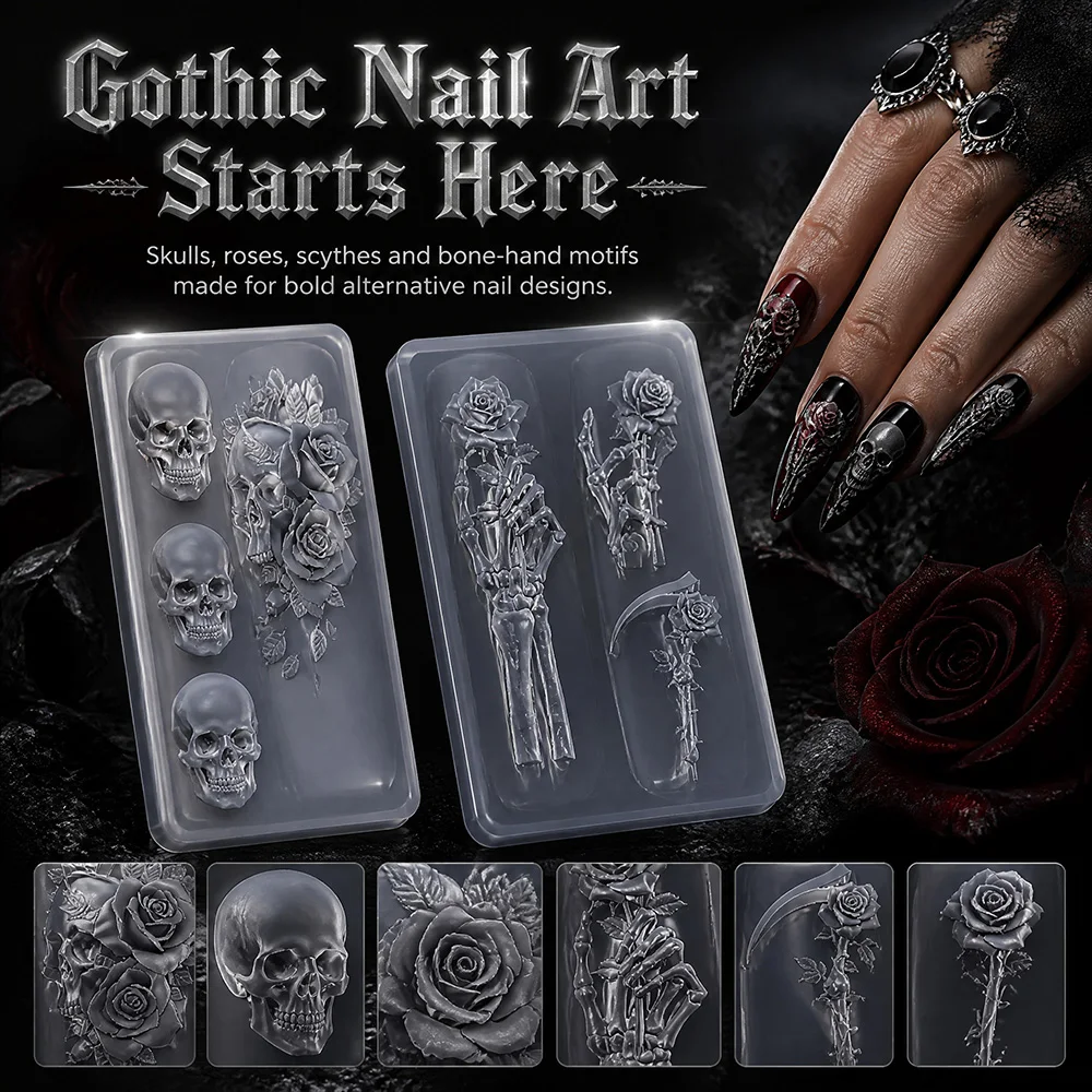 2Pcs Set Dark Rose Skull Silicone Nail Art Mold Gothic 3D Carving Template for Resin Nail Charms Vintage Floral Skeleton Decor