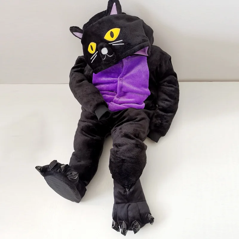 New Black Cat Kigurumi Onesie Animal Halloween Costume Winter Flannel Plush One Piece Pajamas Cosplay Jumpsuit for Women and Men