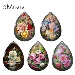 5pairs Beauty Vintage Rose Flower Patterns Water Drop Glass cabochon flat back DIY Earrings Jewelry Making Findings Accessories