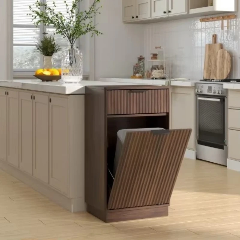 Walnut wave texture inclined trash can cabinet, pull-out trash can with drawer, multi-purpose storage box, suitable for kitchen