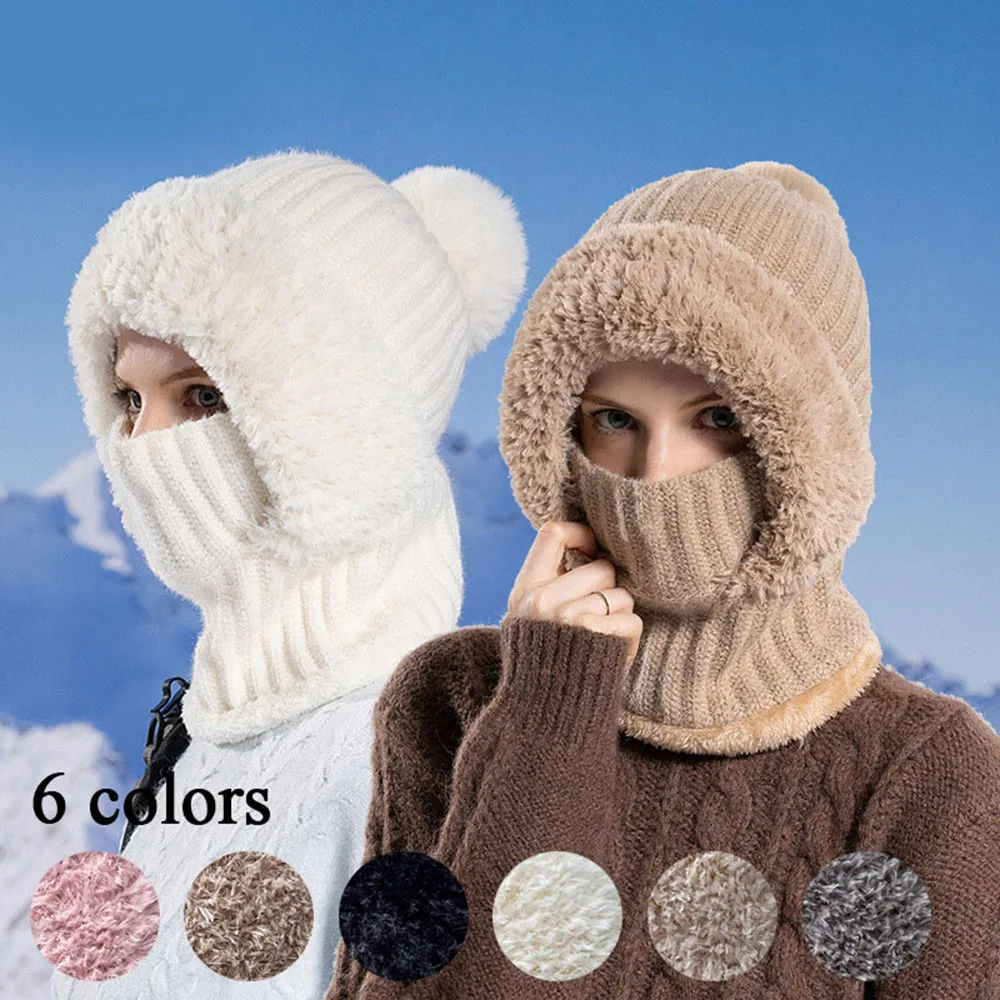 

Winter Fleece Lined Knit Hat for Women Knitted Cashmere Neck Warm Balaclava Ski Windproof Hat Thicken Plush Beanies Fut Hats