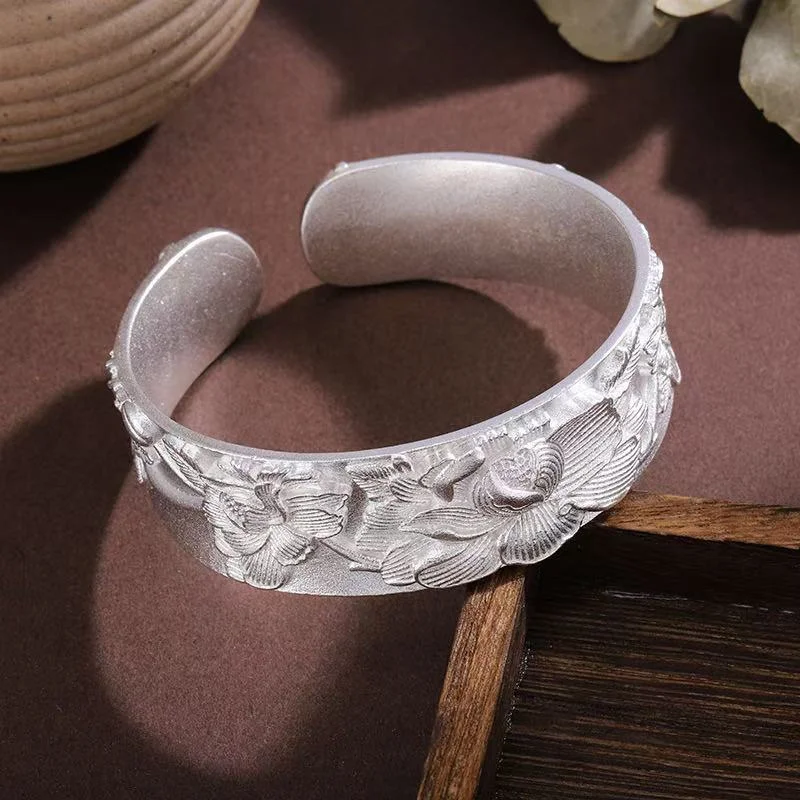 Solid Adjustable Open S999 Pure Silver Bangle Vintage Matte Surface Full 3D Peony Carving Women Fashion Silver Bracelet