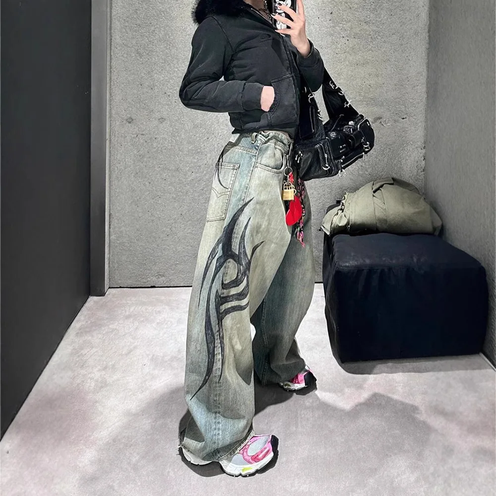 

Street Sle, популярные широкие джинсы для девочек, женские свободные длинные рваные джинсовые брюки с принтом тотема, высокая талия, весенний сезон