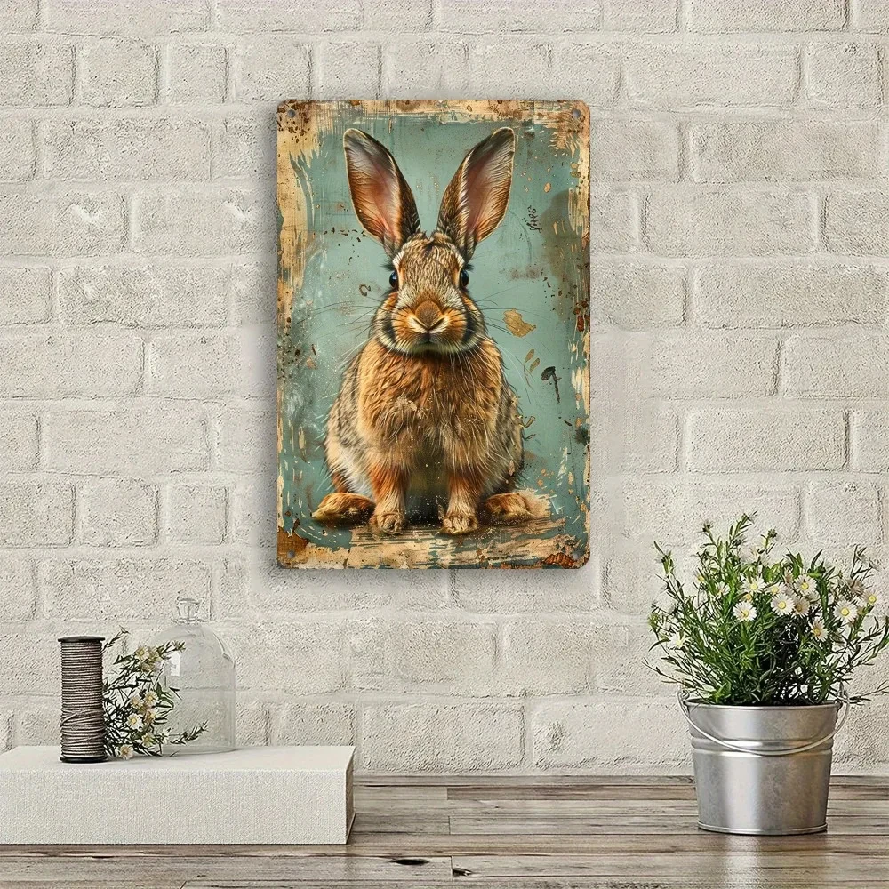 Vintage Rabbit Metal Wall Art – Rustic Brown Rabbit Tin Sign, Suitable for Home, Bar, or Office, 8x12inch Farmhouse Animal Decor