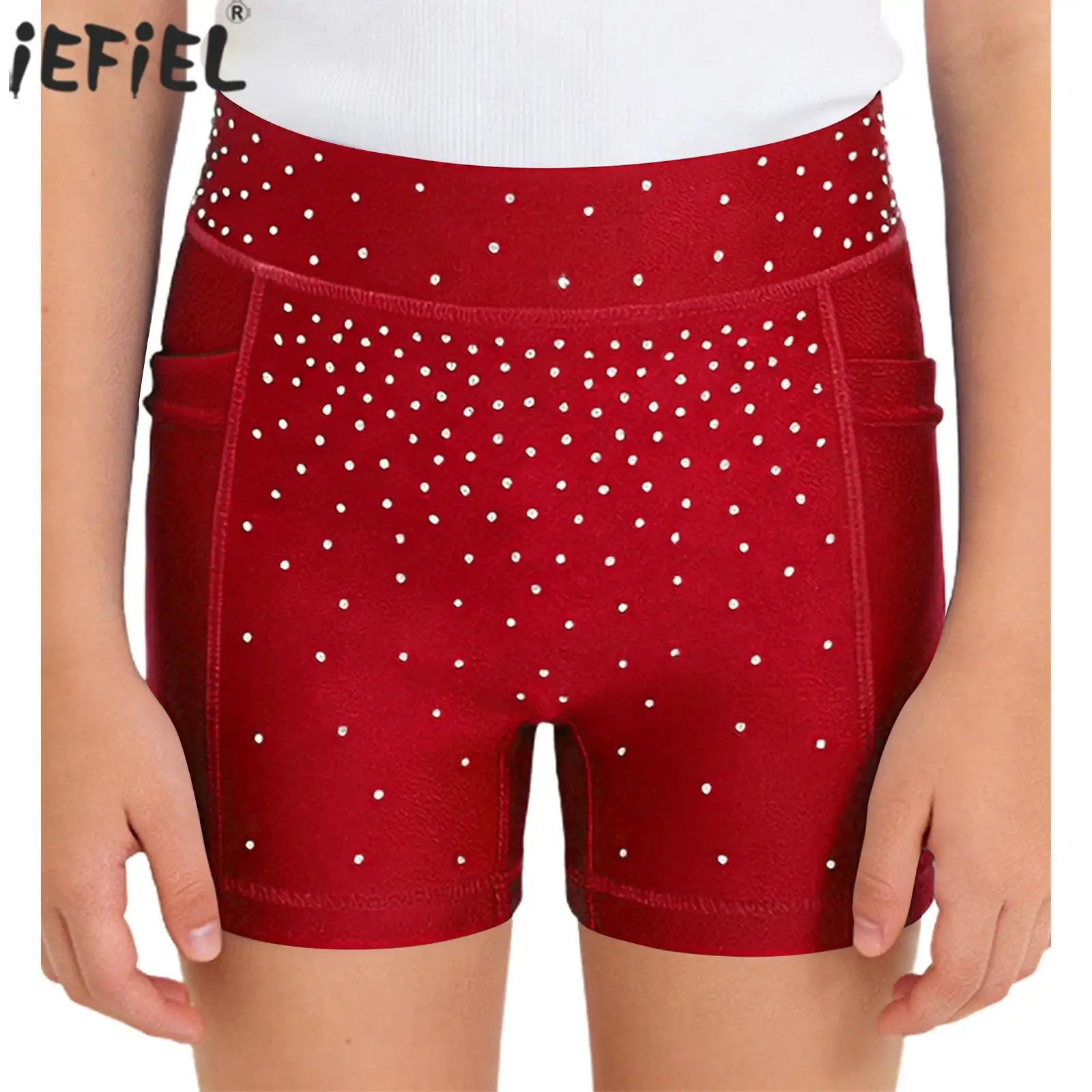 Kids Girls Ballet Dance Gymnastics Shorts Elastic Waistband Shiny Rhinestone Athletic Shorts with Pockets for Yoga Workout Sport