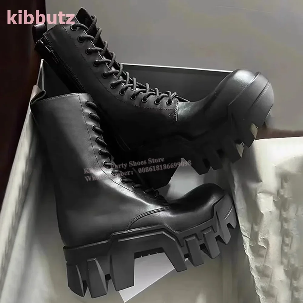 

Motorcycle Mid Calf Thick Boots Lace-Up Height Increasing Round Toe Side Zipper Luxury Leather Solid Black Fashion Luxury Shoes