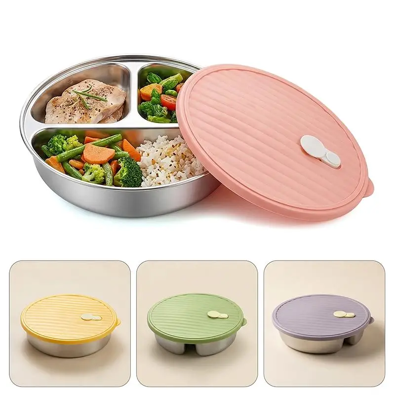 Stackable 304 Stainless Steel Divided Plate With Lid 1/3/4 Grids Adult Food Tray Meal Prep Work Picnic Use