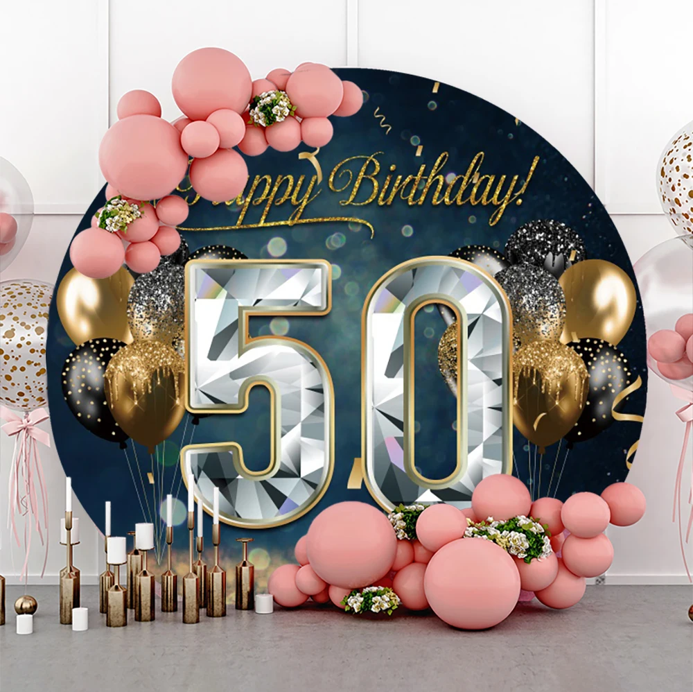 Happy 50th Birthday Round Backdrop Cover Woman Man 50 Years Anniversary Party Black and Gold Wine Decor Circle Photo Background