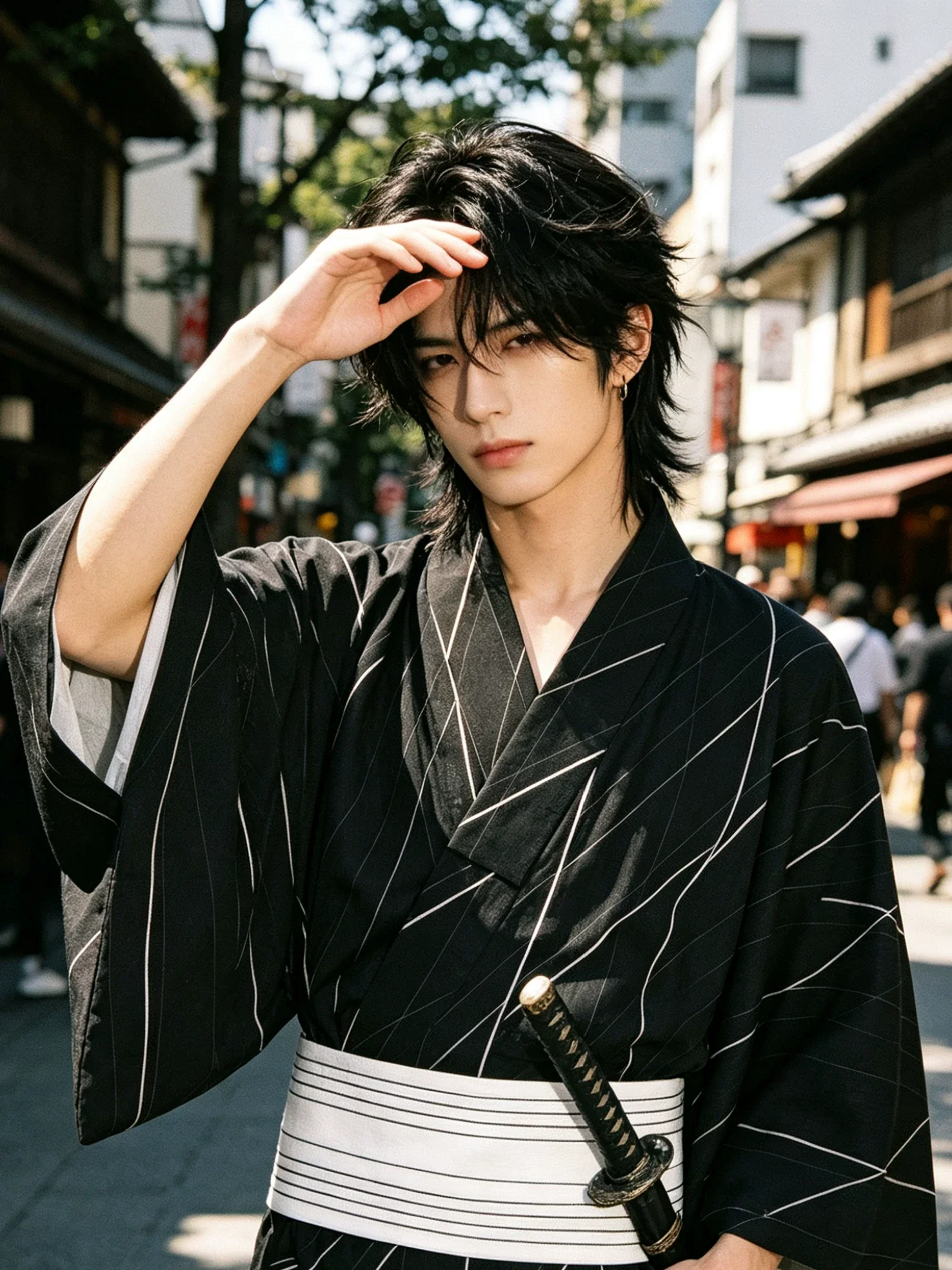 Men's Black Japanese Samurai Yukata With Belt Traditional Kimono Costume for Photo Shoots, Cosplay & Film Props