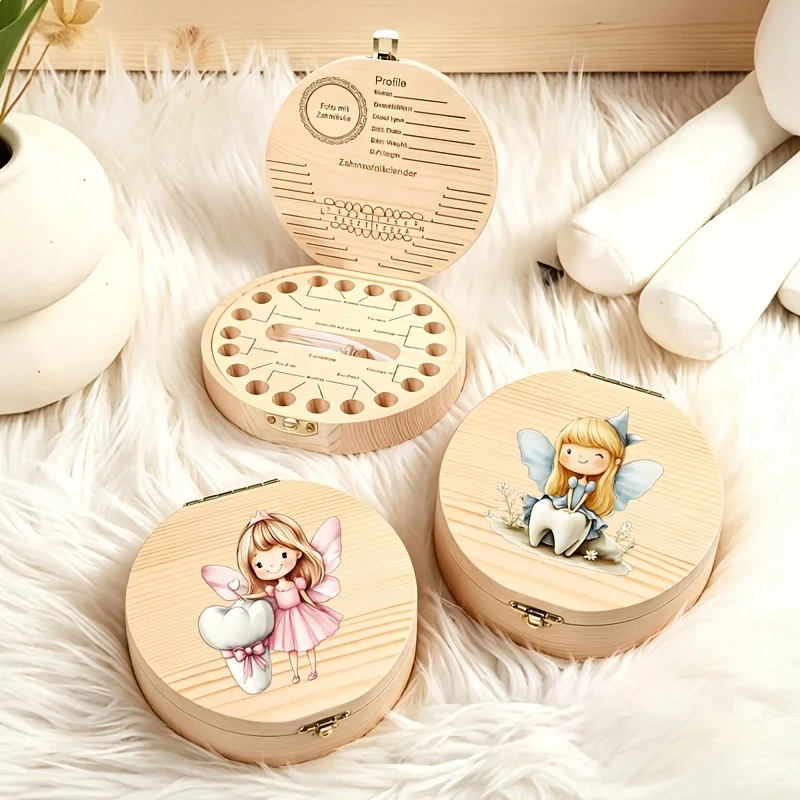 2D Round Pink & Blue Fairy Girl Wooden Baby Tooth Box Circular Children's Tooth Storage Gift with Hole Design