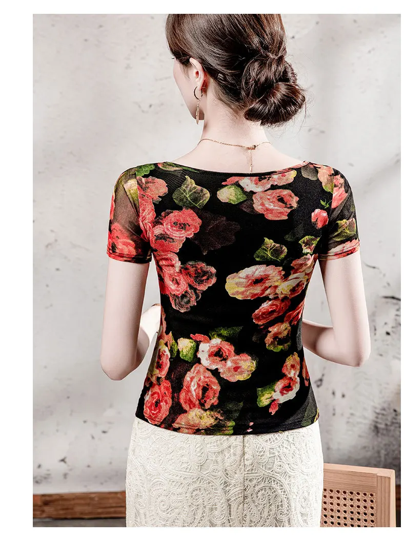 MadBlack-Women's European T-Shirt, Sexy Square Collar Print, Streetwear Short Sleeve Slim Mesh S-3XL Tee, 2025 Summer T56709CC