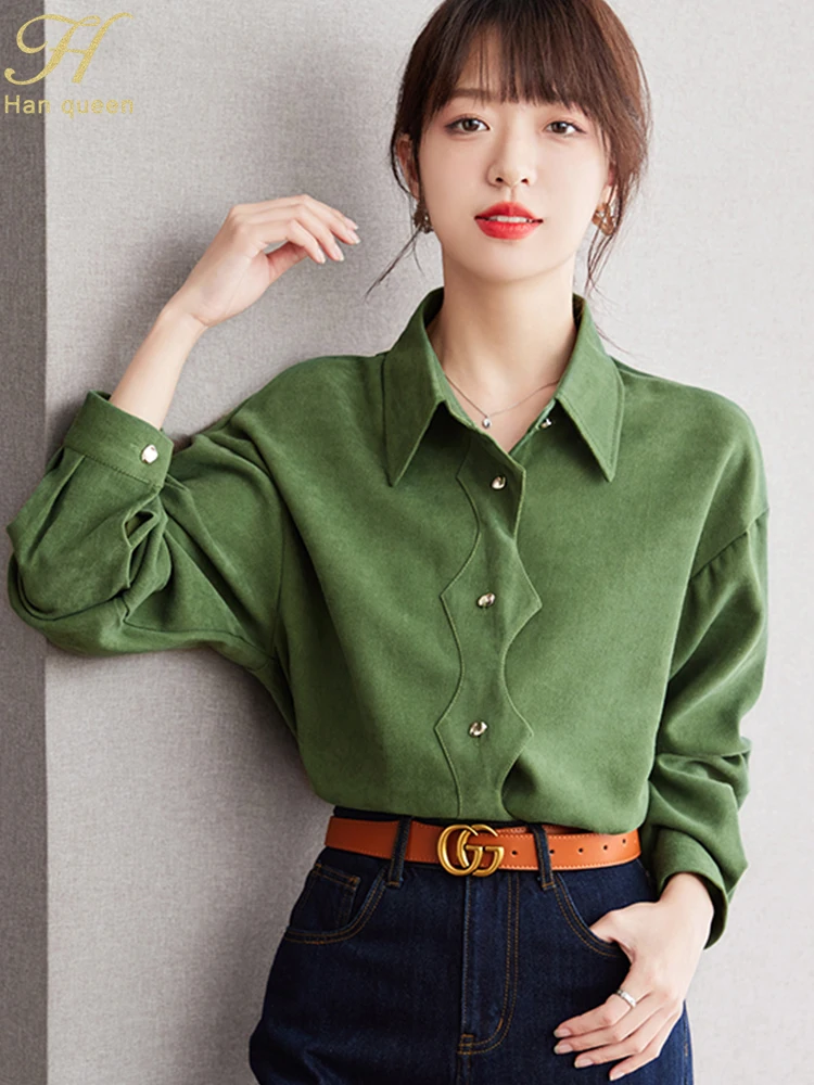 H Han Queen 2024 Autumn Elegant Single-Breasted Simple Oxford Cloth Blouse Womens Loose Casual Green Vintage Shirts Office Tops