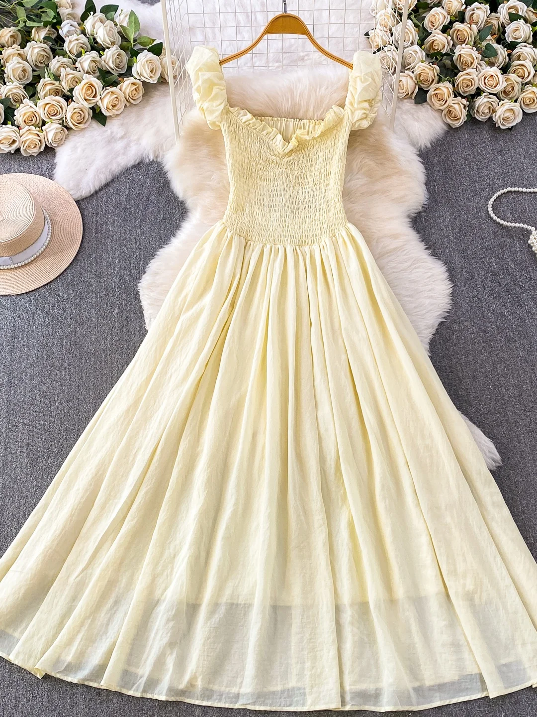 Romantic Holiday Hollow out Fairy Skirt Dress Women's Elastic Pleated Bubble Sleeve Waist Cinching Chiffon Dress Spring Autumn