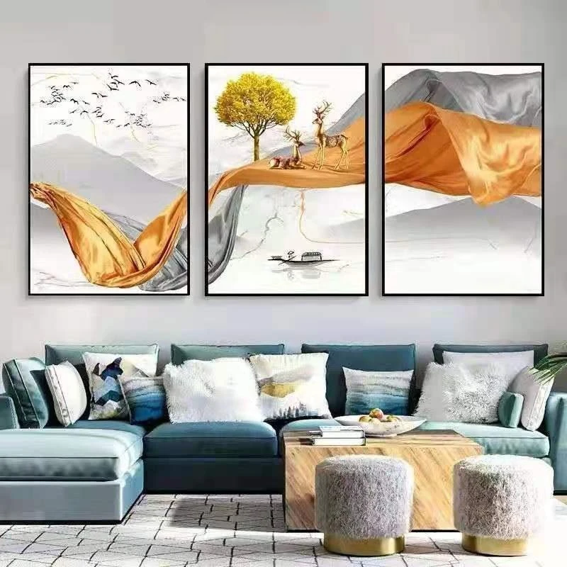 Modern simple triptych canvas oil painting, creative living room sofa background wall decoration painting, hotel homestay mural