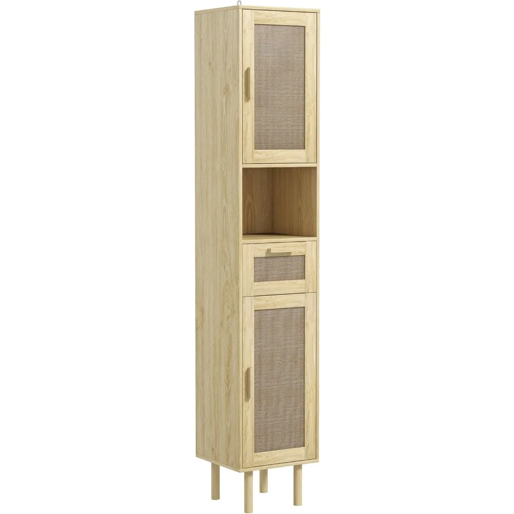 

High Bathroom Storage Cabinets with Wicker Doors, Independent Bathroom Cabinets with Open Shelves, Drawers