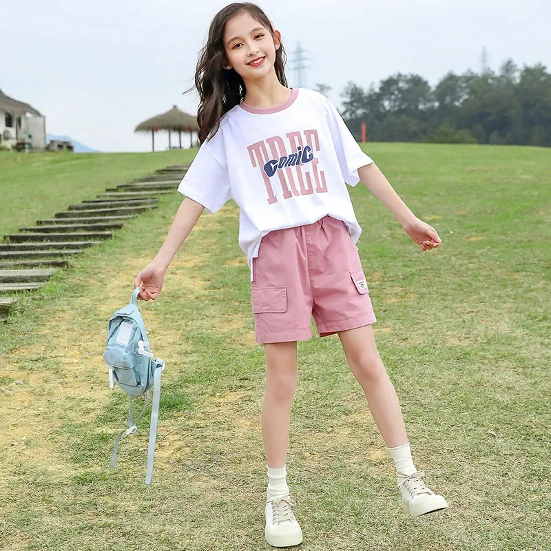 Korean Summer Girl Children's Top And Bottom Set School Girl Alphabet Short Sleeve T-shirt+Solid Shorts Junior Girl 2-Piece Sets