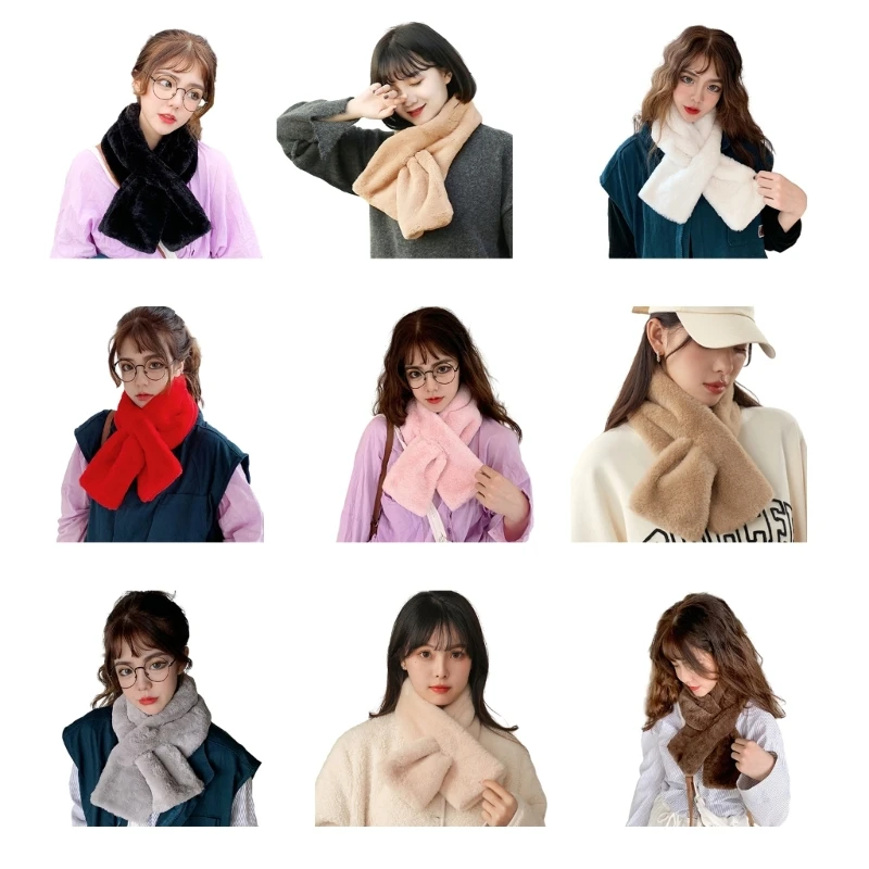 Women Winter Faux Furs Warm Scarf Solid Color Soft Plush Cross Short Scarf Girl Outdoor Windproof Collar Neck Warmer Neckerchief