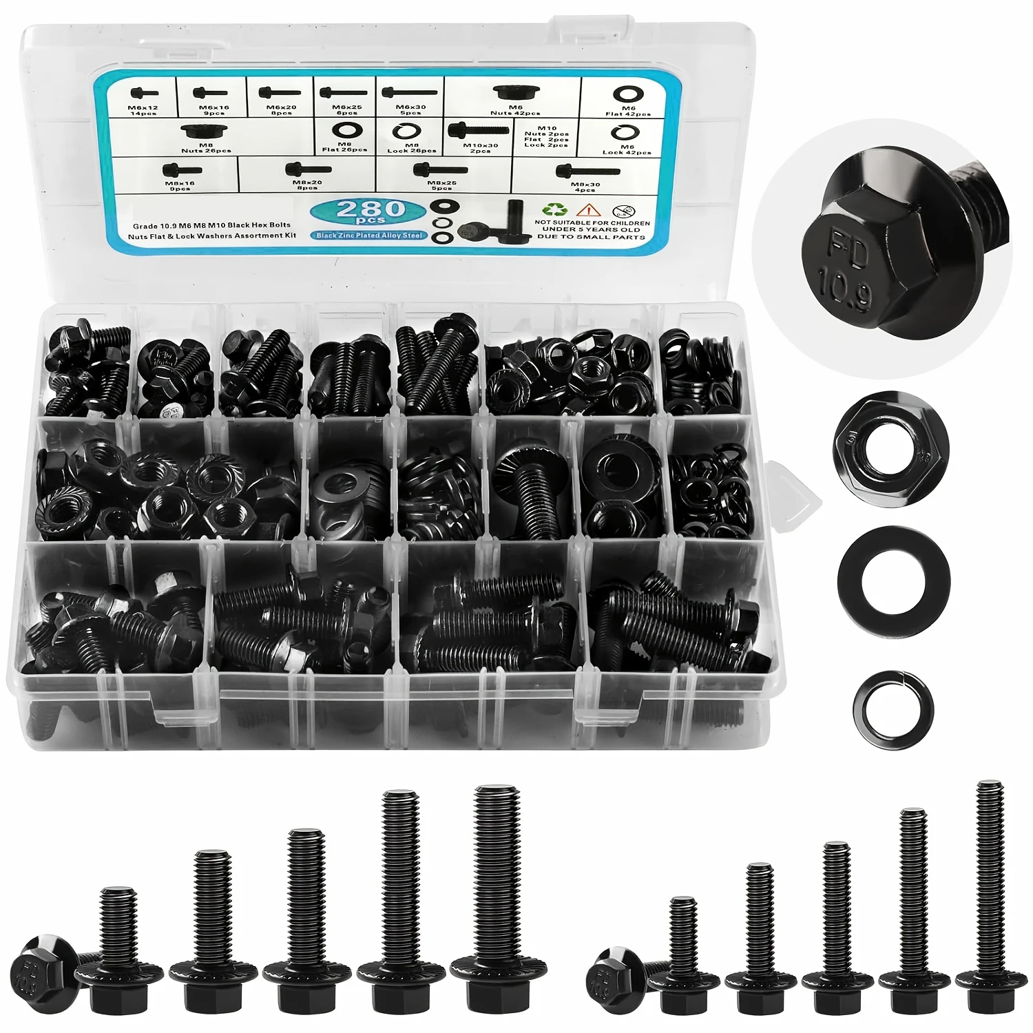 280Pcs Metric Flange Bolt Assortment, M6x1.0, M8x1.25, M10x1.5 (12mm to 30mm) Assorted Hex Bolts and Nuts Washers Kit