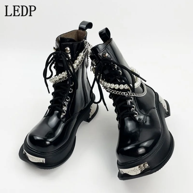 

LEDP English-style Platform High Heeled Chelsea Boots for Women 2025 Autumn New Style Versatile and Sweet Cute Pearl Short Boots