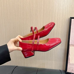 2024 Spring Women Mary Jane Shoes Ladies Fashion Shallow Square Toe Thick High Heel Women's Elegant Red Ballerinas Party Shoes