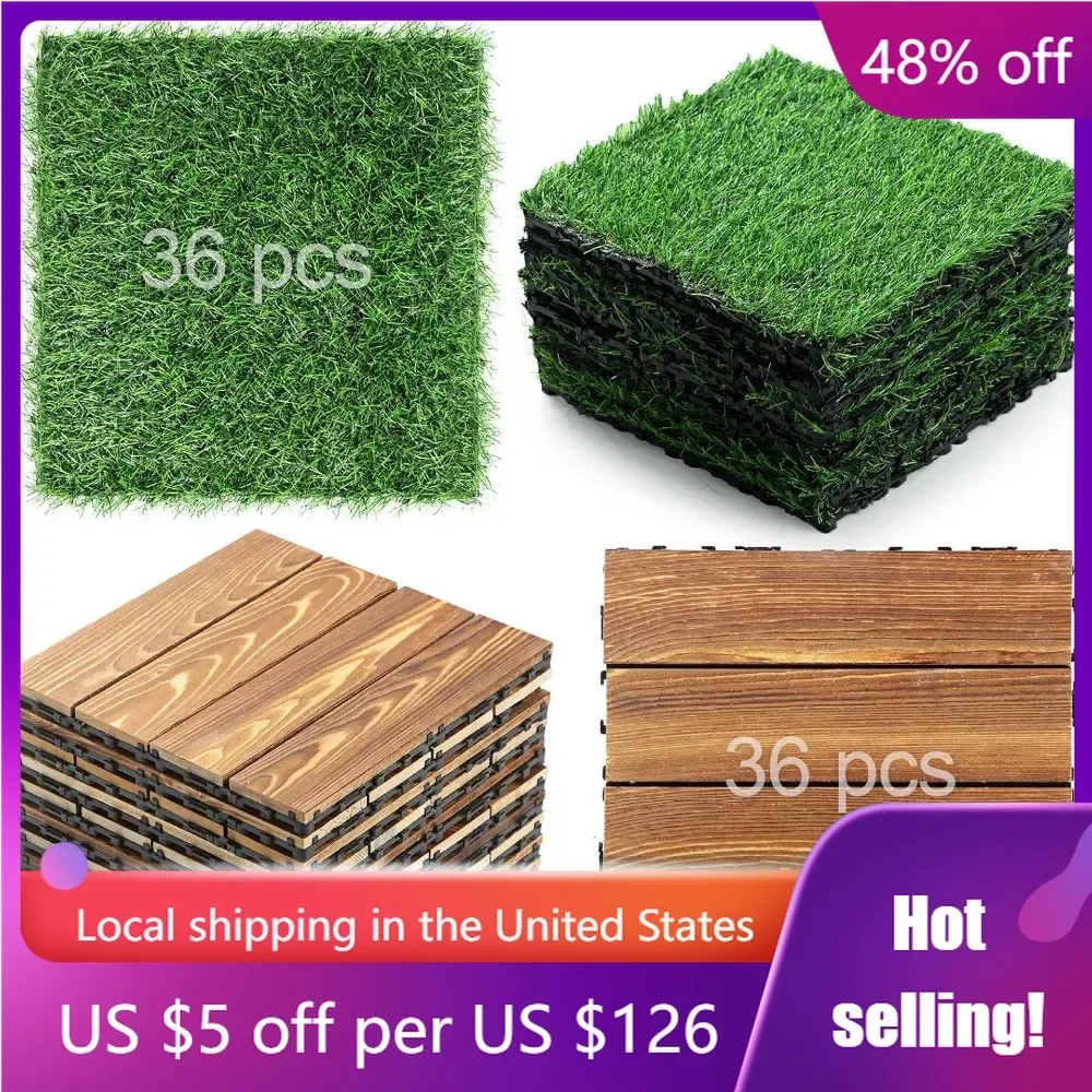 

72 Pcs 12 x 12 In Hardwood Interlocking Deck Tile and Artificial Grass Tile Waterproof Wood Flooring Tile for Outdoor Patio