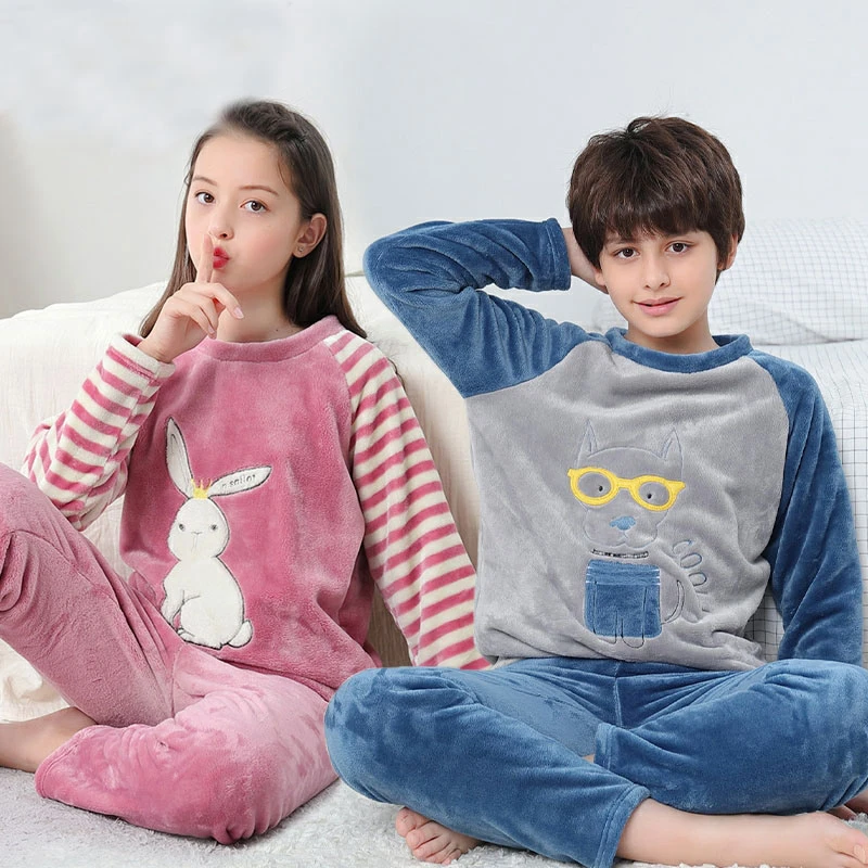 Boys Girls Clothes Pajamas Set Flannel Fleece Warm Catoon Sleepwear Teen Home Suit Winter Autumn 6 8 10 12 14 16Y Pyjamas Kids