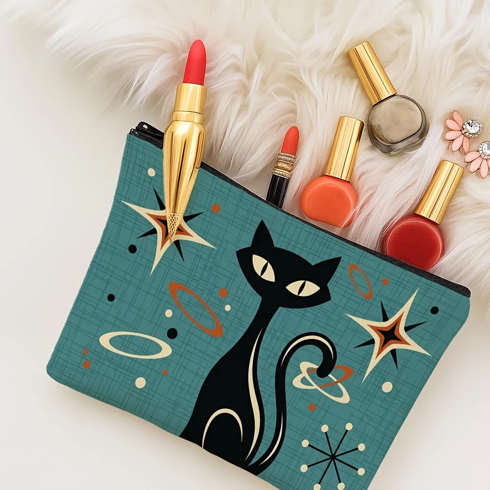 Mid Century Modern Black Cat Print Pencil Case Retro Atomic Star Pattern Zipper Cosmetic Pouch Portable Storage Gift Cat Lovers