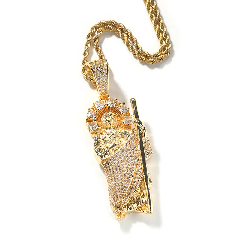 Hip Hop 5A+ CZ Stone Bling Iced Out Catholic Patron Saint St Benedict of Nursia Holy Pendant Necklace for Men Rapper Jewelry