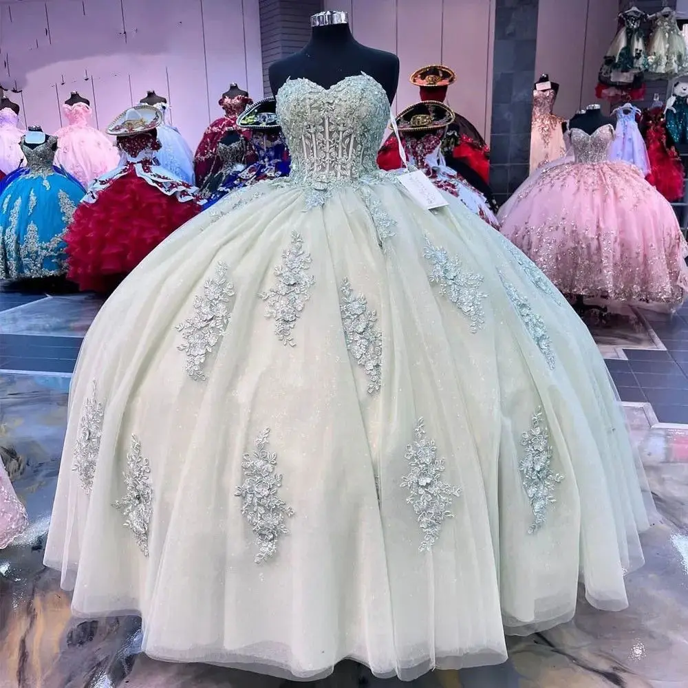 

Lorencia Mint 3D Flowers Ball Gown Quinceanera Dress Sweetheart Floral Applique Beads Corset Sweet 15 Girls Party Vestido YQD338