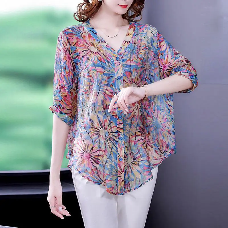 Women Trendy Rhinestone Floral Print Vintage Blouse Summer V Neck Short Sleeve Loose Button Up Shirt Casual Irregular Top Female