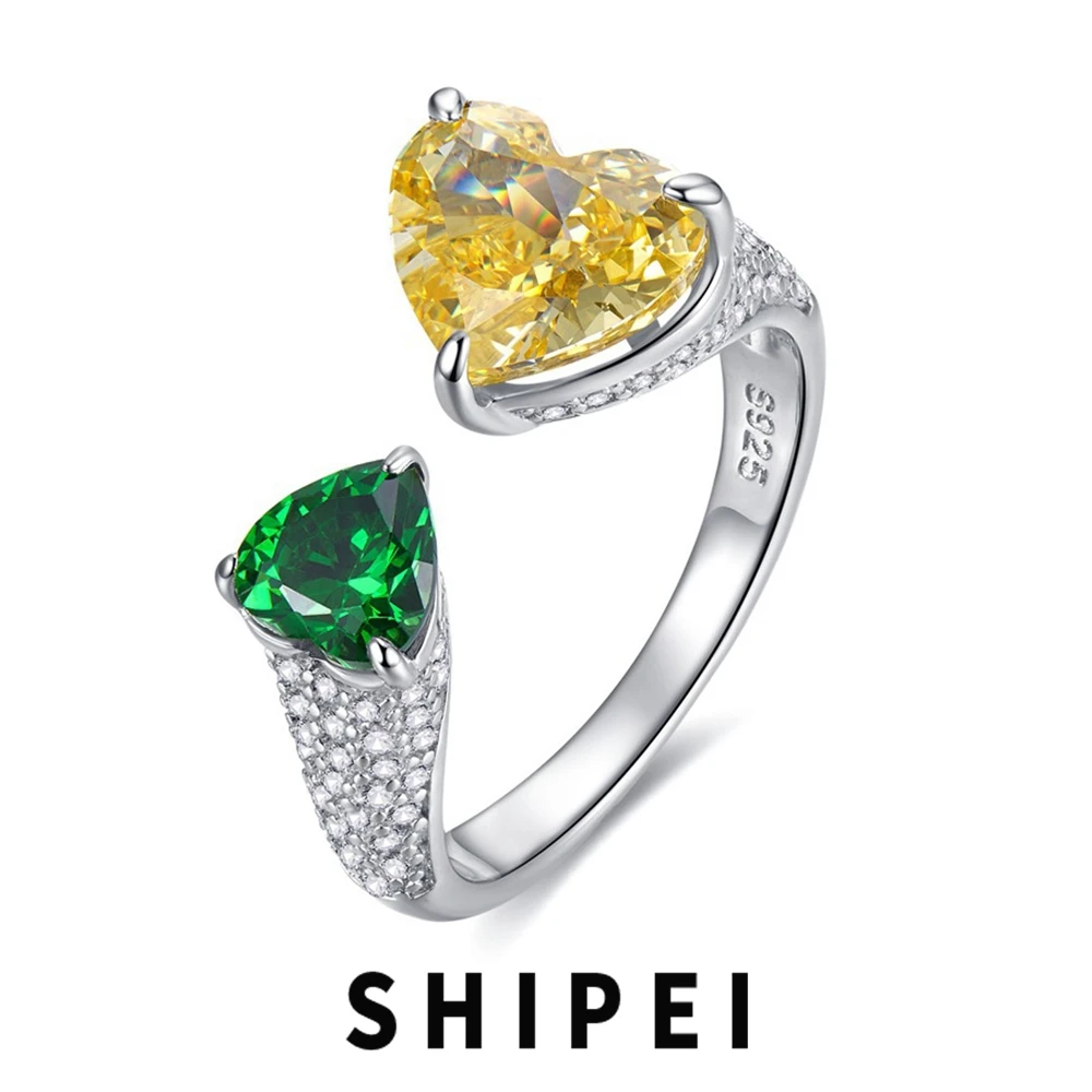 

SHIPEI Luxury 925 Sterling Silver Heart Cut Citrine Emerald Fine Jewelry 18K Gold Plated Open/Resizable Ring For Women Wholesale